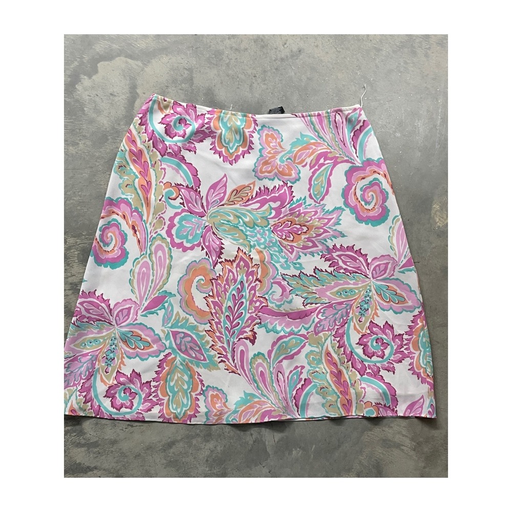 New York & Company Womens Pink Teal Paisley A-Line Skirt L Knee Length Lined - Picture 2 of 5